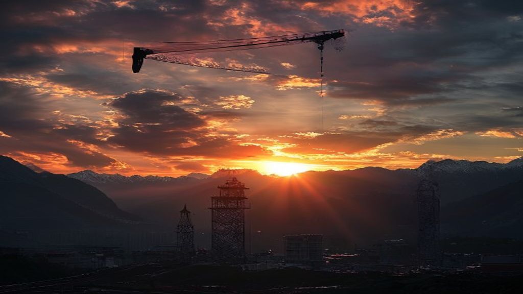 Construction crane silhouetted against a Himalayan sunset