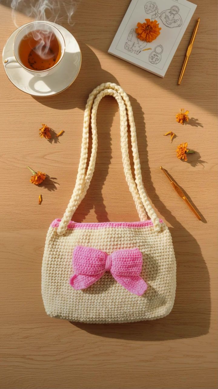 Flat-lay of crochet bag with tea