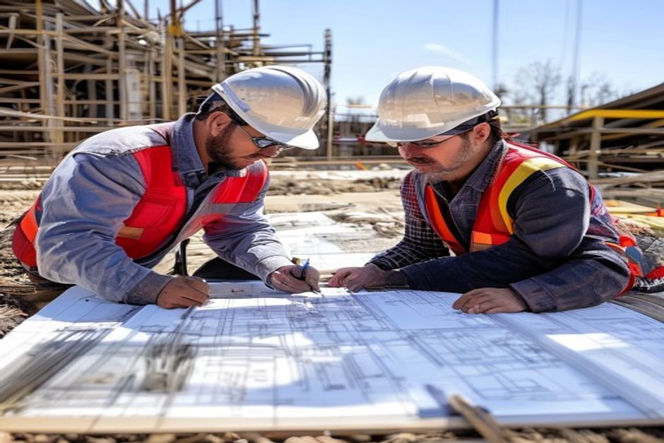 Engineers reviewing drawings on site