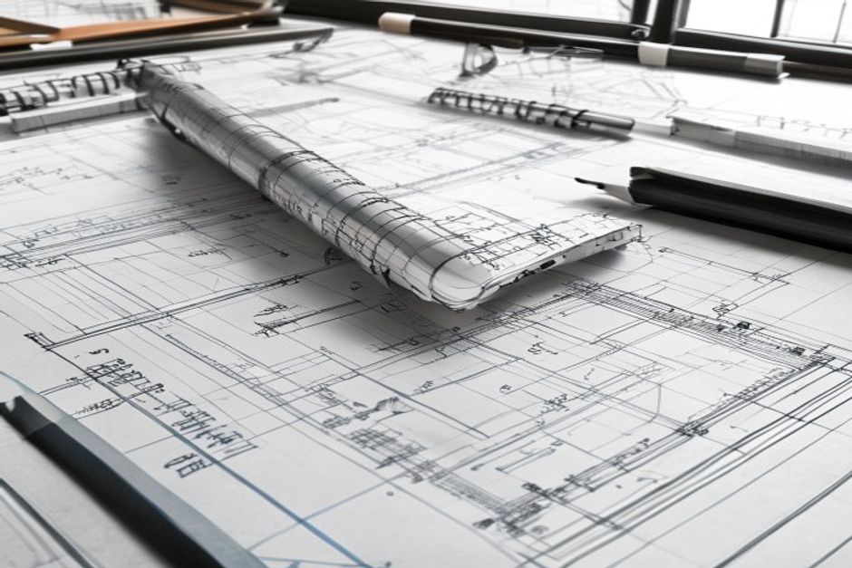 Structural drawings on a drafting desk